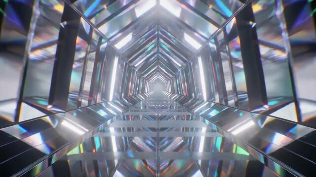 Futuristic mirrored corridor with reflective surfaces and neon lights.