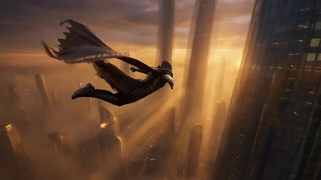 Futuristic superhero flying over modern sci-fi city at sunset