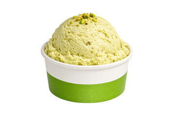 Pistachio gelato scoop in a cup with nuts