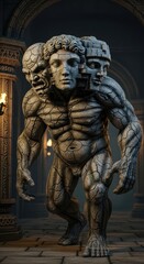 Fototapeta premium Enormous muscular figure sculpted from cracked stone stands within a dimly lit ancient corridor