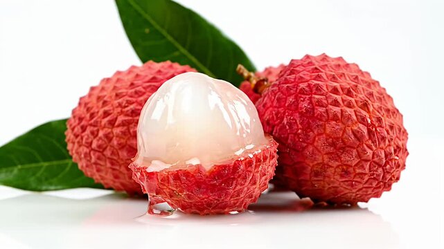 Fresh lychee fruits, one peeled, with green leaves on white background