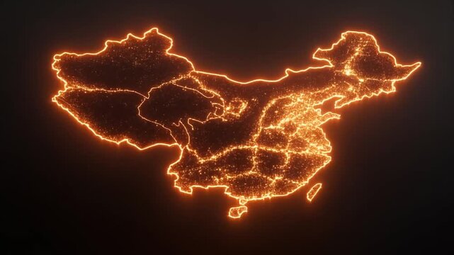 Illuminated map of a landmass outlined in orange, with light representing urban areas, against a dark backdrop