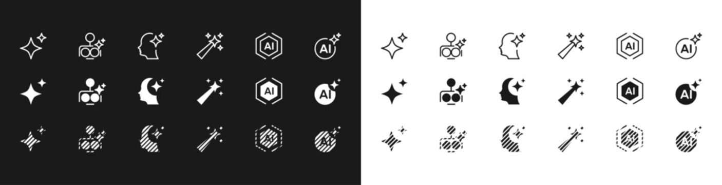 Artificial intelligence icon set. featuring chat, magic, sparkle, stars, prompt, AI, creativity and ai generated icons minimal thin line web icon set.