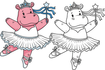 Cute pink hippo ballerina cartoon character wearing a tutu and tiara with a magic wand and a matching line art coloring page version © MdNurul