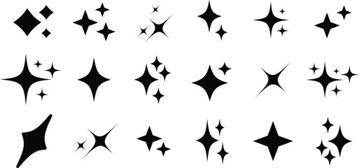 Obraz premium A collection of eighteen distinct black sparkle and star shapes displayed neatly on a clean white background