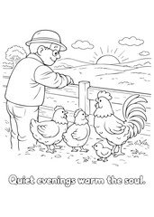 coloring book  grandfather feeding chickens at sunset on the farm © listyo