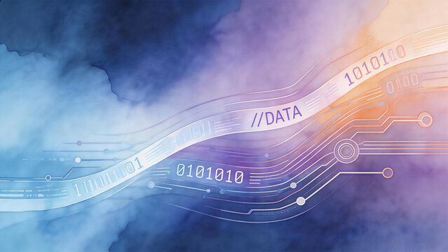 Abstract background with flowing data binary code and circuit patterns, symbolizing digital technology, communication, and information systems.