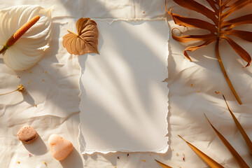 柔らかな自然光の影が落ちるシワ感のある白い布の上にドライリーフとアンスリウムを配置した手漉き風メッセージカードのモックアップ
