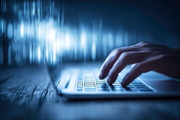 Obraz premium Close-Up of Hand Resting on Sleek Laptop Keyboard in Dim Light