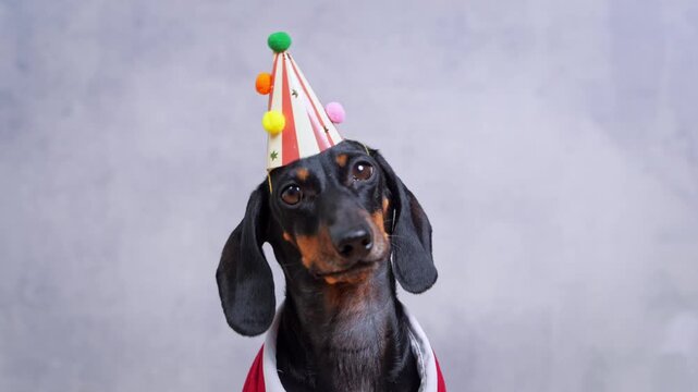 black and tan dachshund dog, wearing a bright, cone-shaped, pom-pom party hat, look around. portrait of the pet is set against a soft gray background. Long, floppy ears and a playful expression.