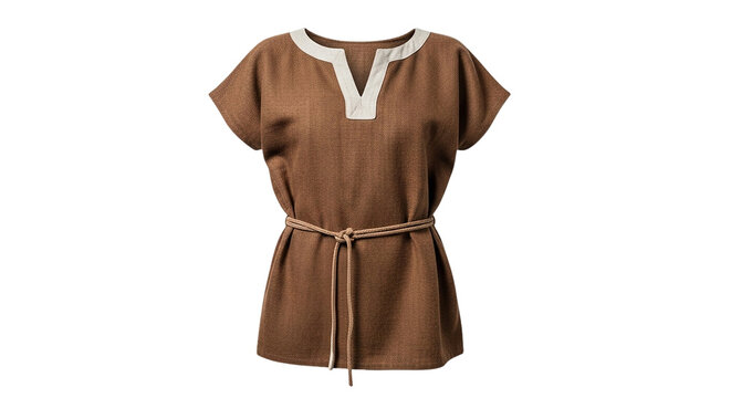 Ancient Roman tunic for men a brown linen garment with a contrasting white V neck collar and braided cord belt