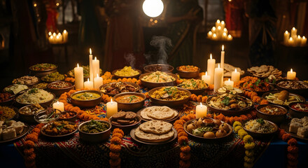 Naklejka premium A lavish feast with various dishes and candles lit on a long table indoors at night