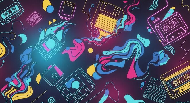 Retro technology items flow across a vibrant, dark patterned background with glowing accents