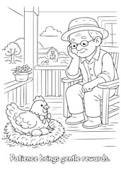 coloring book grandfather sitting by the hen to watch over new chicks © listyo