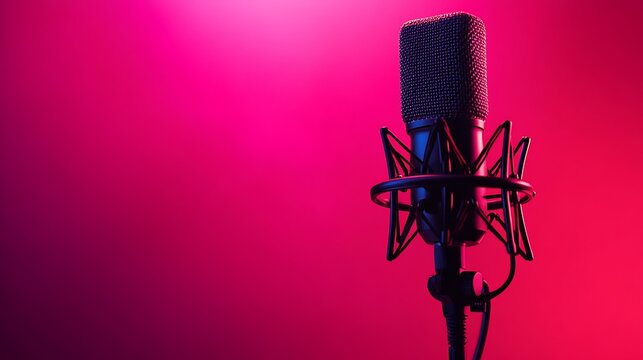 Professional studio microphone with shock mount on red background