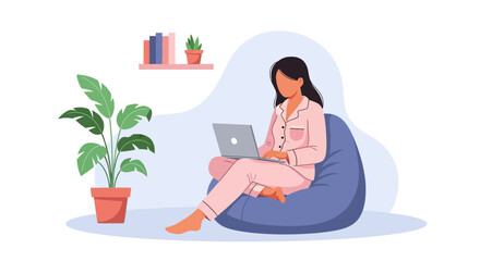 Remote Work Comfort: Woman in Pajamas Using Laptop on Bean Bag at Home