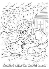 coloring book grandfather sheltering a frightened hen from rain © listyo