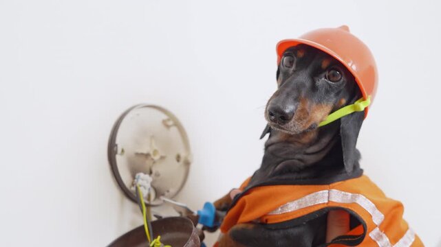 A black and tan dachshund dog dressed as a construction worker, wearing an orange hard hat and vest, holds a pair of pliers and tries to cut wires, jokingly shaking as if he's been electrocuted.