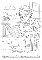 coloring book grandfather reading while holding a warm chick on his lap © listyo