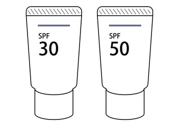 Two Sunscreen Tubes Showing SPF 30 and SPF 50, Sun Protection Comparison for Skincare Routine, UV Shield Lotion Packaging Concept Illustration for Summer Travel and Outdoor Use