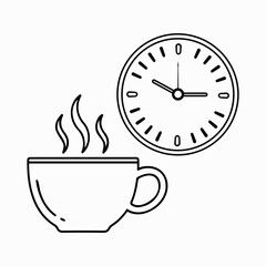 Hot Coffee Cup and Clock Line Icon &ndash; Morning Time Concept Vector Illustration