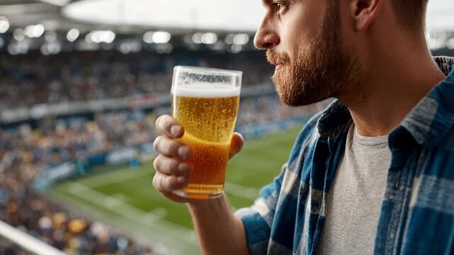 A bearded man in a plaid shirt drinks a refreshing glass of cold beer at a crowded stadium.
