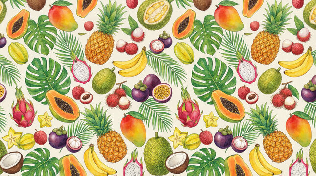 A vibrant and colorful illustration of various tropical fruits and leaves on a white background