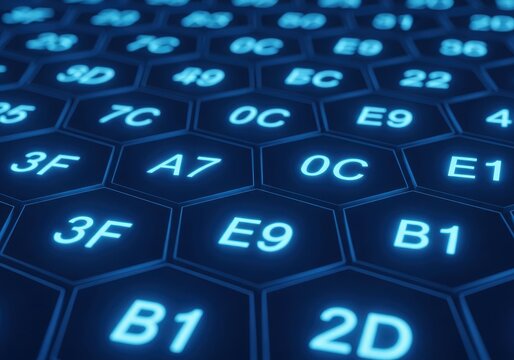 Digital surface displays illuminated alphanumeric codes across a honeycomb pattern.
