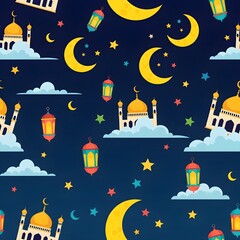 Naklejka premium Beautiful Islamic Festive Night Sky Seamless Pattern