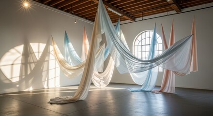 Obraz na płótnie Canvas Flowing sheer fabrics create a dramatic, colorful installation suspended within a bright contemporary room
