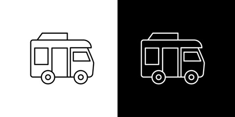 Simple line art icon of a caravan on a white and black background, easy to use for travel and camping themes © Tifany