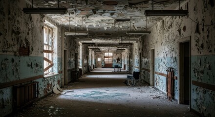Fototapeta premium Decaying interior hallway of an abandoned institutional building shows extensive peeling paint and dilapidation