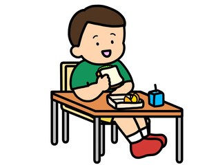 学校生活　机でランチをとるアジア人の男の子（サンドイッチ）