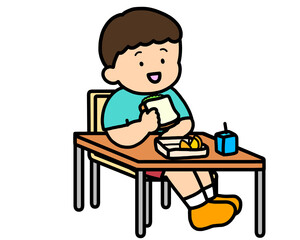 学校生活　机でランチをとるアジア人の男の子（サンドイッチ）