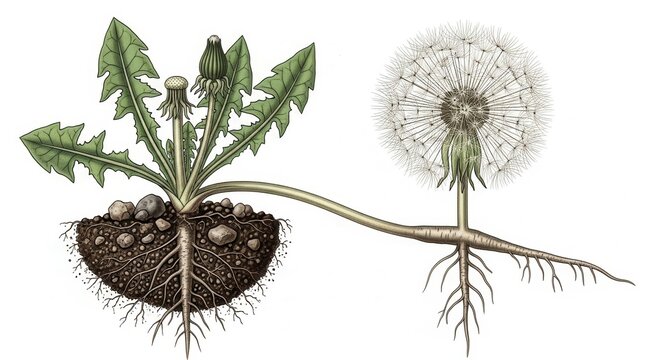 Botanical illustration depicts the different life stages of a common perennial plant showing root structure