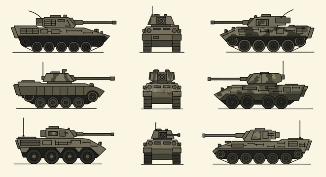 Pixel art collection of various military tanks and armored vehicles from different perspectives and types, showcasing combat technology.