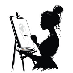 A black and white illustration of the silhouette of a talented female artist who holds a brush and palette in her hands and paints a picture at an easel