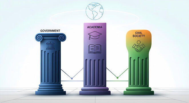 Illustration showcases three interconnected pillars representing government, standing on a clean white background under a global symbol, emphasizing their collaborative foundation.