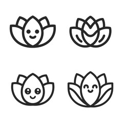 Four charming cartoon lotus flower icons with happy and cute smiling faces, presented as a set.