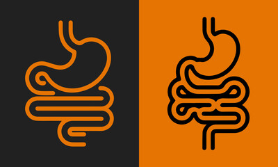 Abstract Line Art Illustrations of the Human Digestive System, Featuring Stomach and Intestines on Contrasting Backgrounds