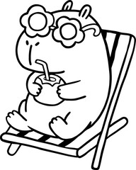 Outline Kawaii capybara relaxing on beach chair with drink cartoon hand drawn