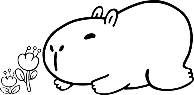 Outline Kawaii capybara with pink flowers cartoon hand drawn