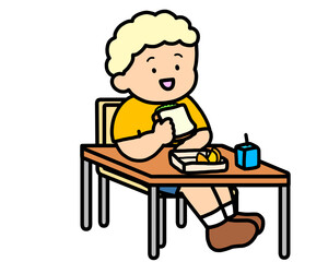 学校生活　机でランチをとる金髪の男の子（サンドイッチ）