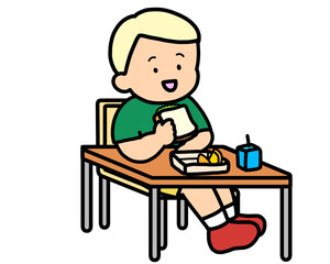 学校生活　机でランチをとる金髪の男の子（サンドイッチ）
