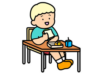 学校生活　机でランチをとる金髪の男の子（サンドイッチ）