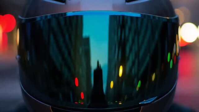 Motorcycle Helmet Reflecting City Lights at Night.