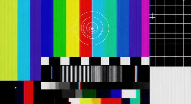 Broadcast calibration pattern displays vibrant color bars and test signals on a screen