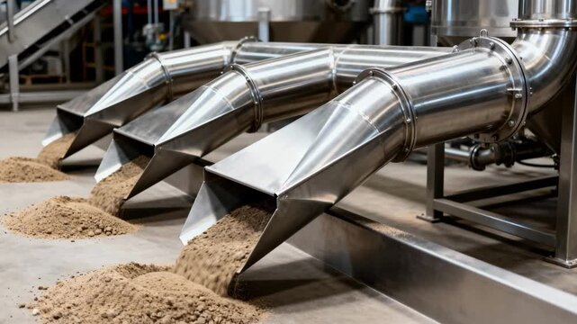 Medium shot capturing a multibranch stainless steel transfer chute distributing byproducts through multiple channels showcasing advanced engineering for minimal contamination in a