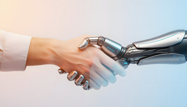 Human hand shaking a metallic robot hand, symbolizing collaboration between people and artificial intelligence.