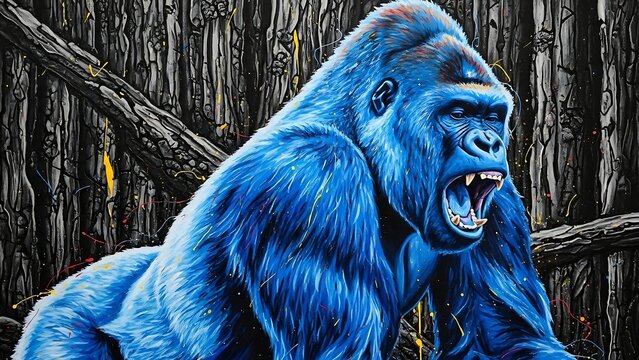 Large blue gorilla in forest setting.